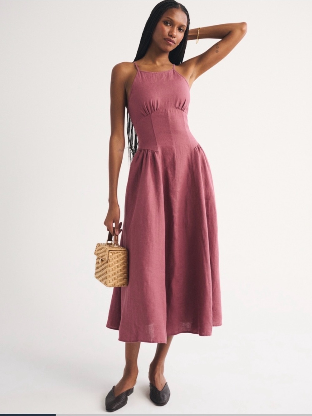 Linen Dylan Halter Midi Dress in Cool Blush